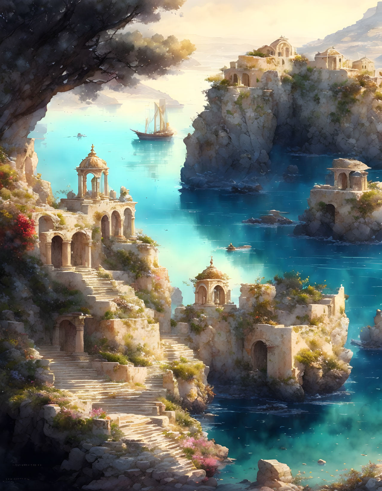Tranquil seascape with ancient ruins, stone staircases, flowering shrubs, and boats on