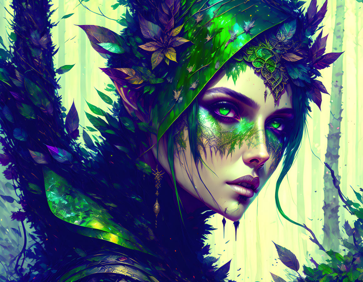 Mystical female figure with vibrant green eyes and leafy headdress