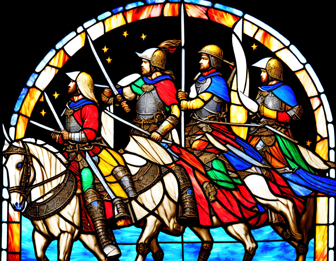Medieval knights on horseback in colorful armor under starry arch