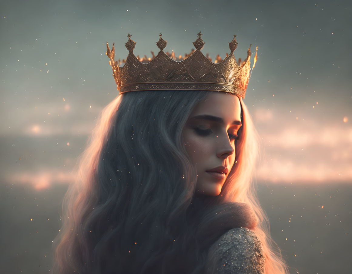Regal woman with golden crown and wavy hair in sunset-lit backdrop