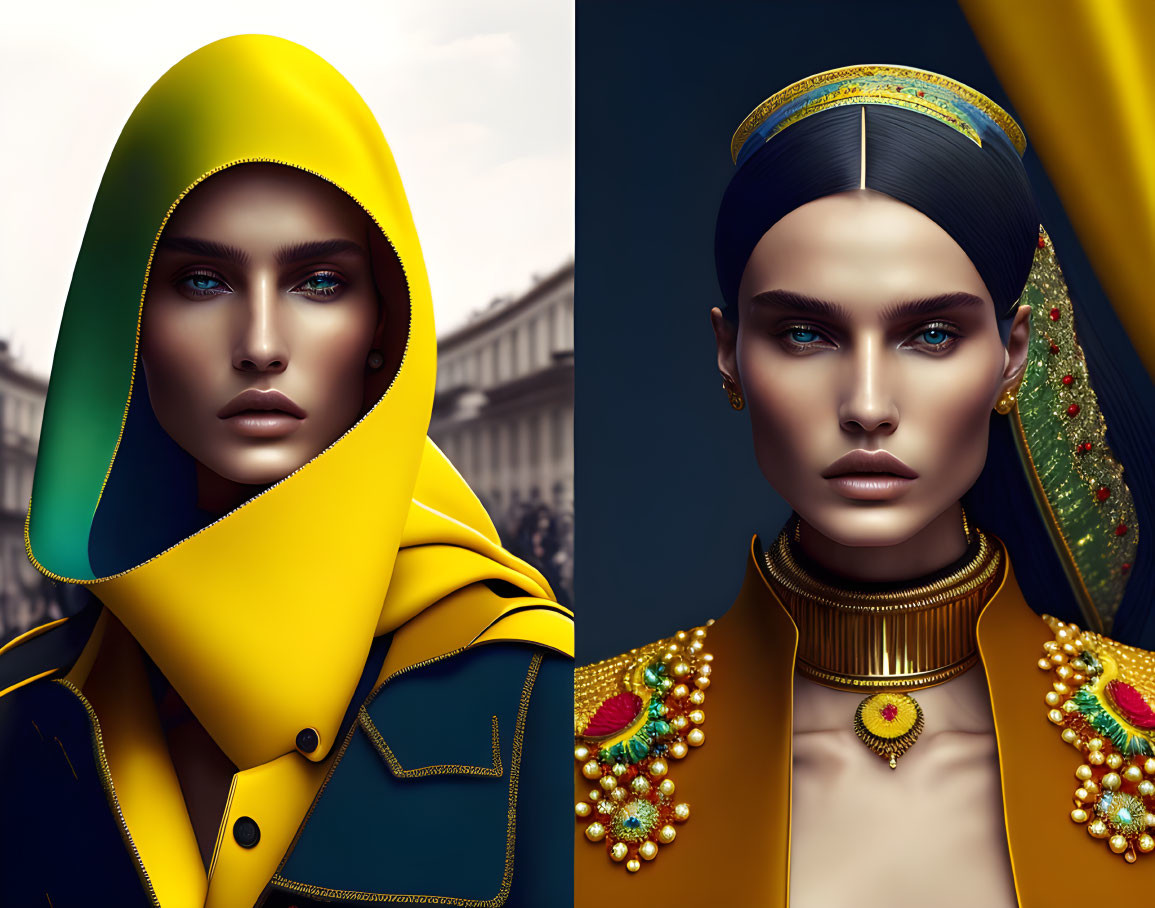 Stylized portraits of a woman with blue eyes in yellow hood and decorative headband.