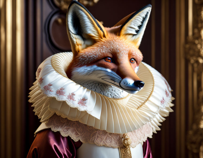 Person in Costume with Realistic Fox Head and Elizabethan Collar in Historical Attire