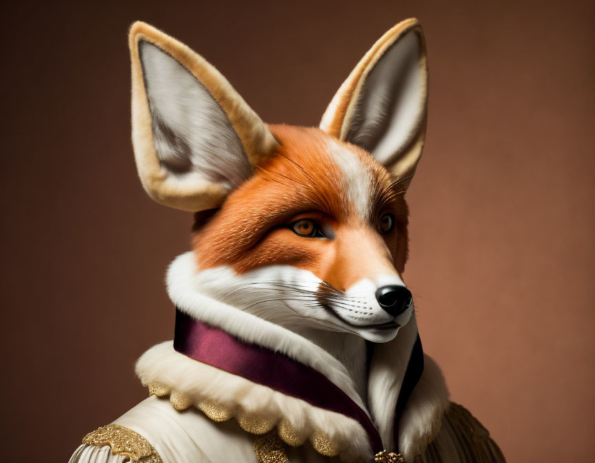 Person in realistic fox mask with ornate collar on warm brown background