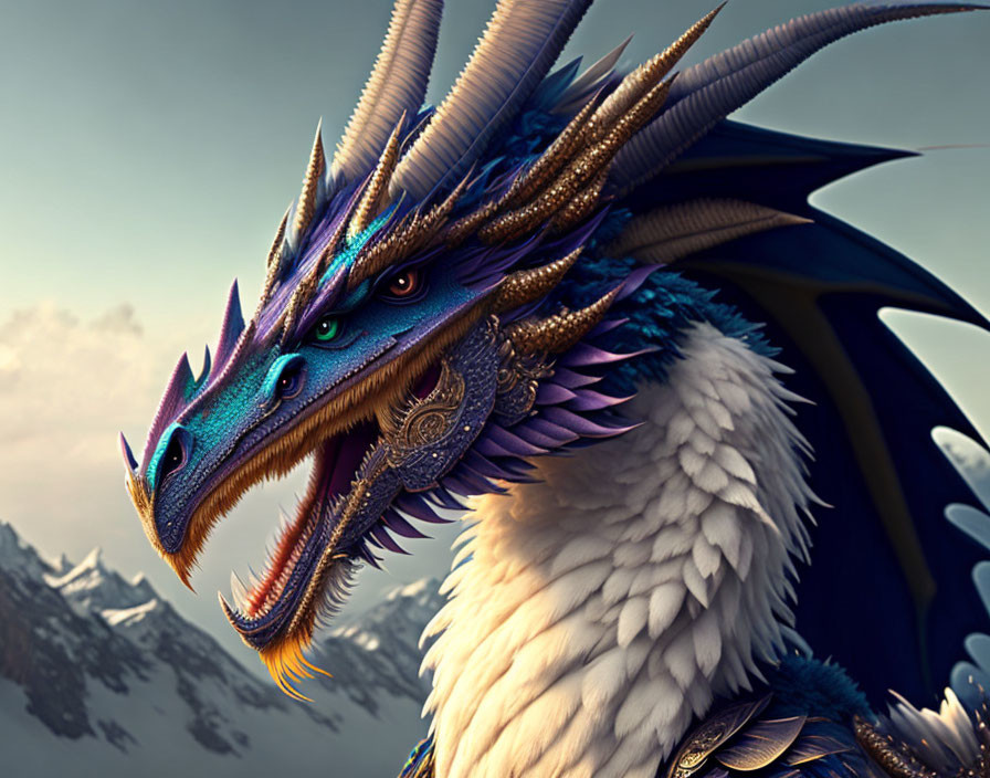 Detailed dragon illustration: Blue and purple scales, horns, feathered neck, mountain backdrop