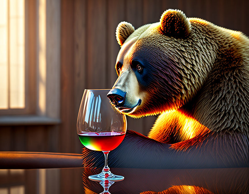 Bear sitting at wooden bar with glass of red wine in warm sunlight.