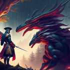 Soldier with spear confronts three dragons in dark forest