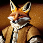 Regal anthropomorphic fox in vintage attire on ornate background