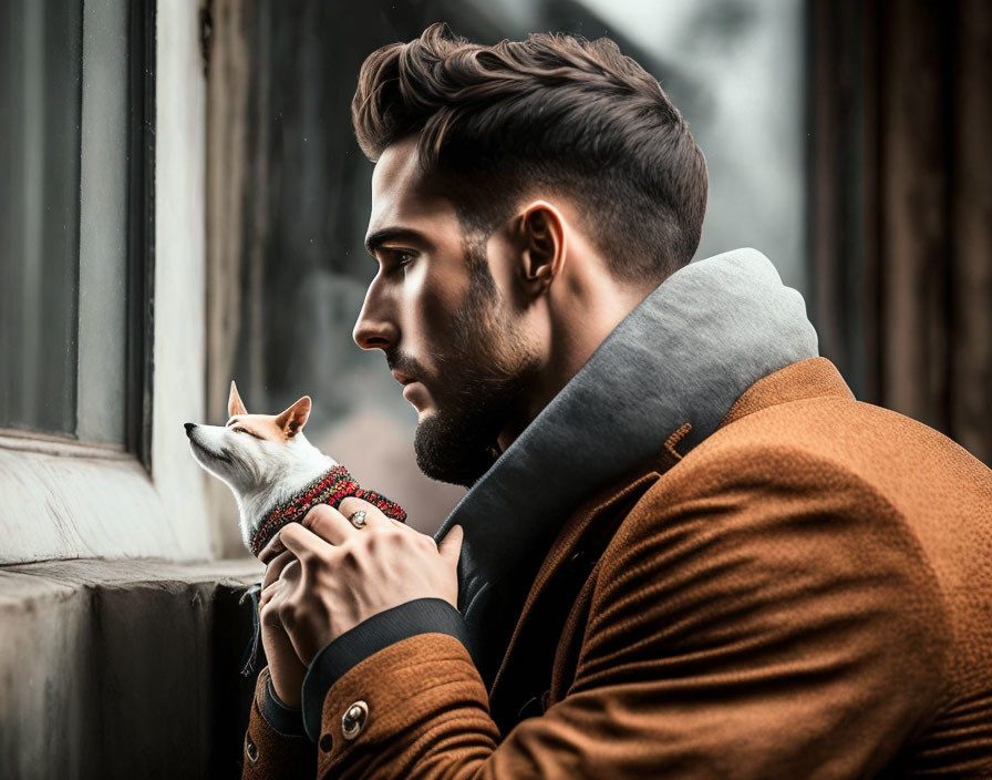 Man in Brown Coat Contemplating with Small Dog by Window