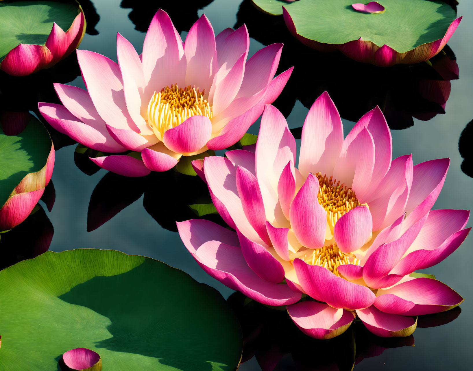 Vibrant pink lotus flowers with golden-yellow centers on water with green lily pads.