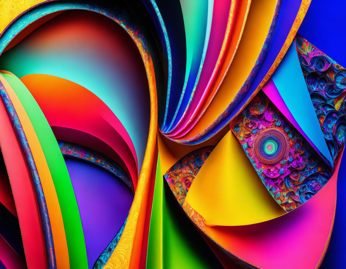 Colorful abstract shapes spiral and intertwine in a kaleidoscopic display