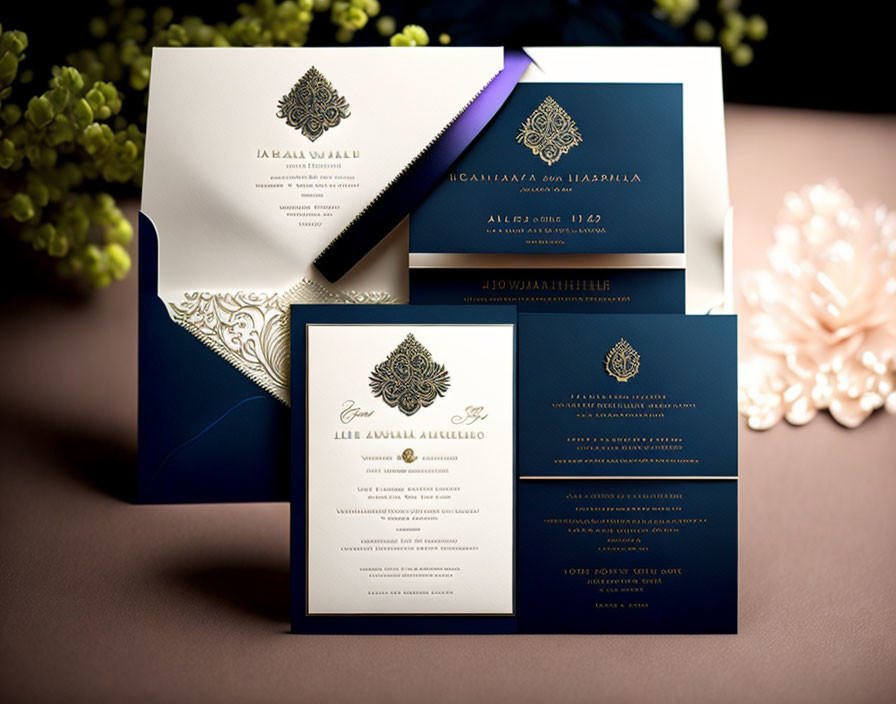 Luxurious Gold and Navy Wedding Invitation Cards with Floral and Coral Details