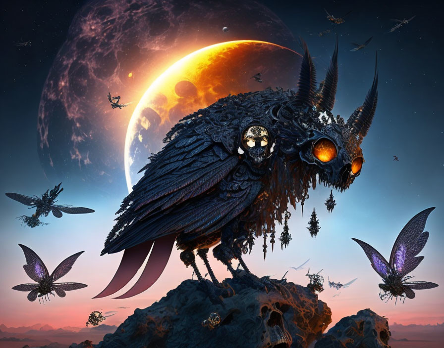 Mechanical owl with glowing eyes in a dusk sky with crescent moon