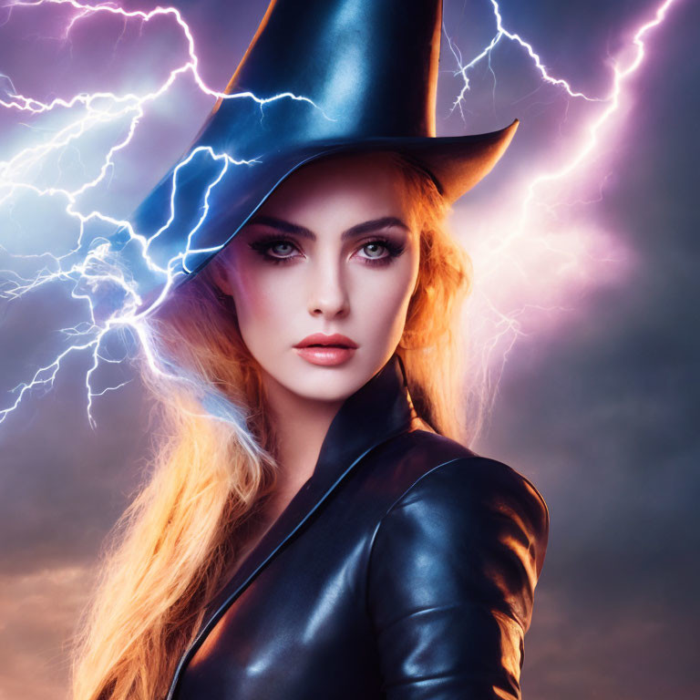 Woman in witch costume with black hat and leather outfit against lightning backdrop
