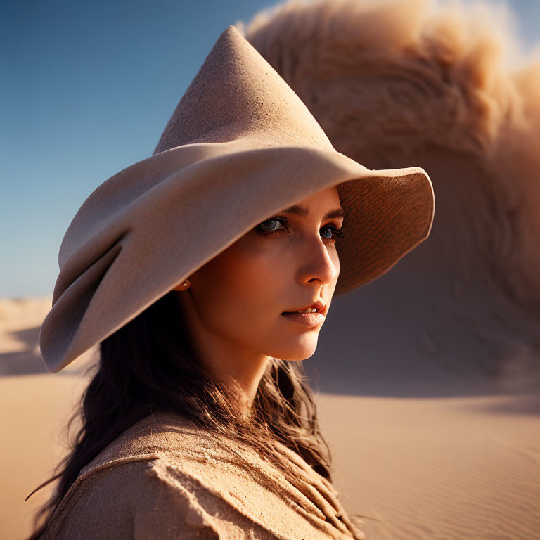 Woman in Wide-Brimmed Hat against Sand Dunes Sky