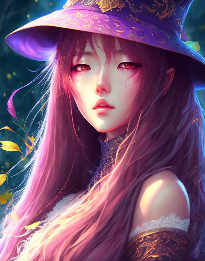 Digital illustration of mystical woman with pink hair and purple witch's hat in luminous yellow flower backdrop