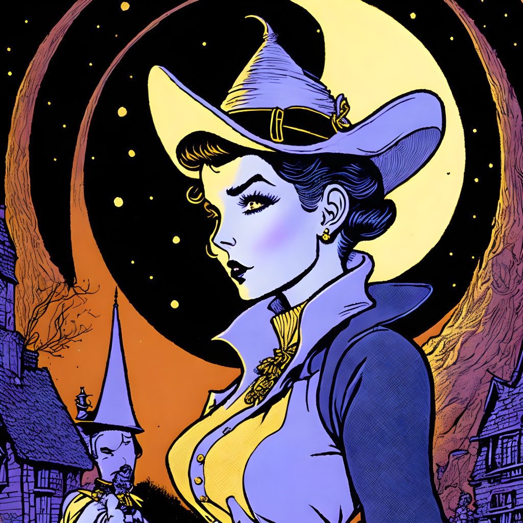 Illustrated witch with pointed hat under full moon in spooky village.
