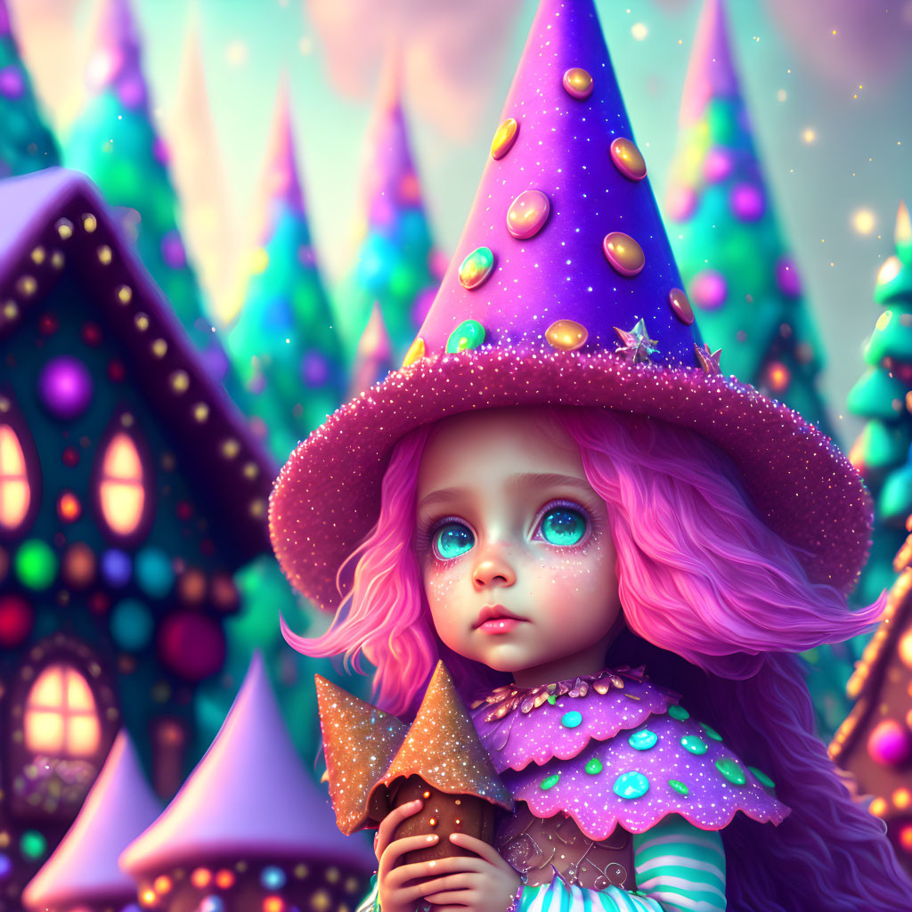 Whimsical artwork of young girl in purple witch costume with star-topped wand