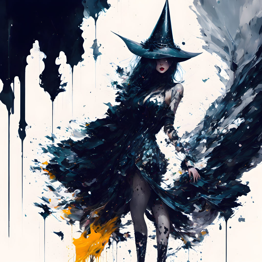 Stylized artwork of a witch in flowing dress and hat with black, white, and yellow paint