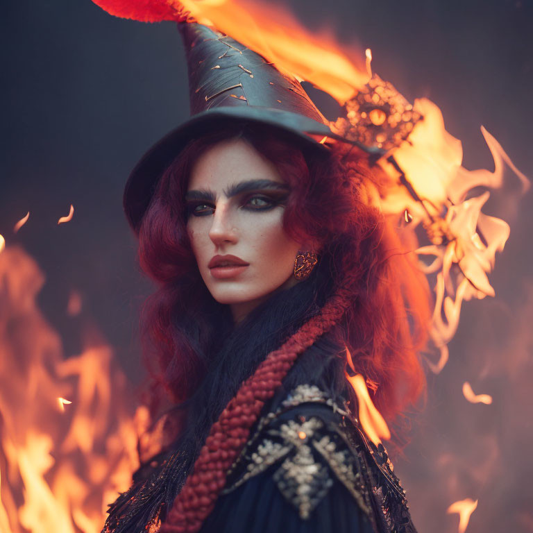 Woman in witch's hat with dark makeup in front of fiery backdrop