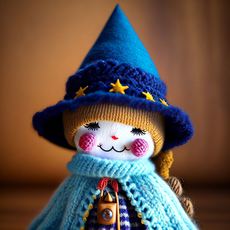 Blue Pointy Hat Plush Doll with Stars and Smiling Face