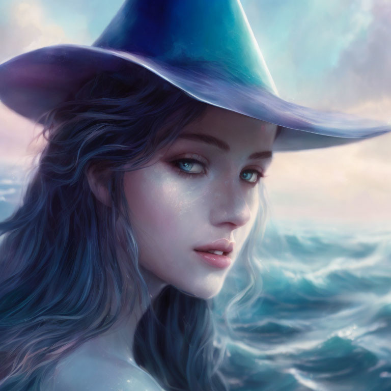 Woman with Blue Hat and Striking Eyes by Ocean Waves