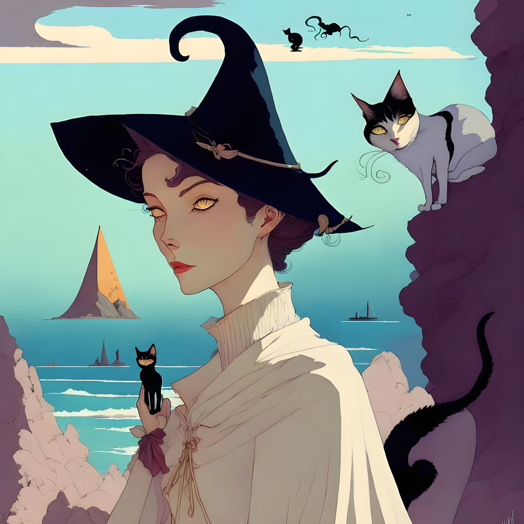 Illustrated woman in witch's hat with stylized cats against serene sea and floating islands