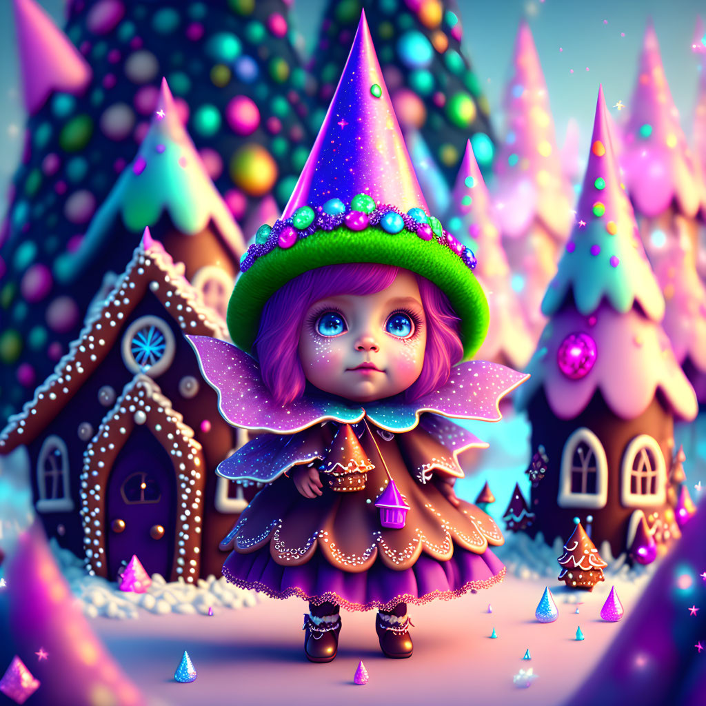Whimsical 3D doll illustration in magical winter wonderland