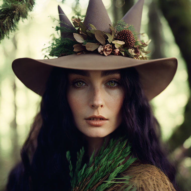Portrait of a Woman with Blue Eyes and Pine Cone Hat in Forest