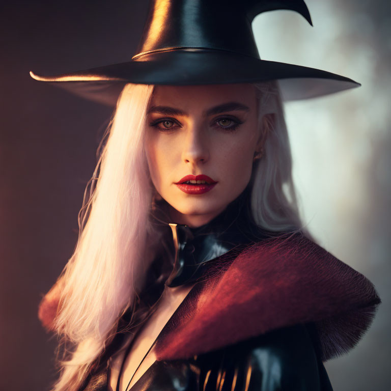 Woman with white hair in witch's hat and dark cloak with fur collar exudes mystical vibe