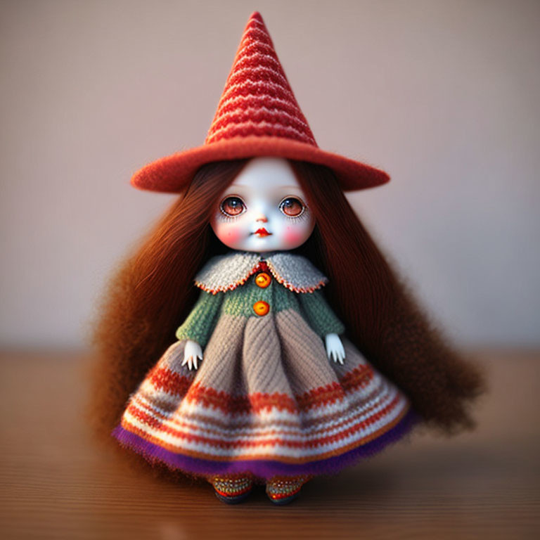 Red-haired doll with big eyes in striped hat and colorful dress