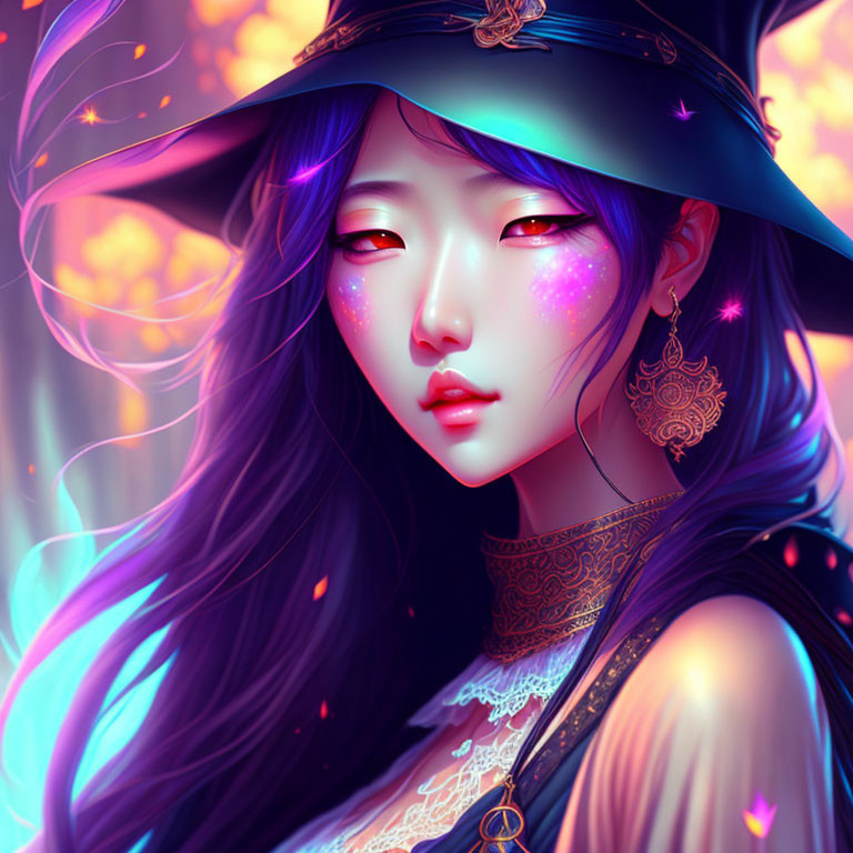 Mystical woman with long blue hair in witch's hat and starry jewelry