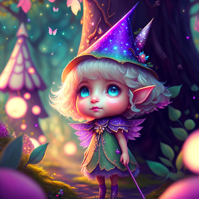Fantasy elf character in purple attire with wizard's hat in enchanting forest
