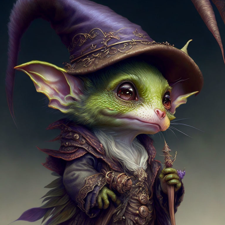 Whimsical creature with large ears and wizard hat on green skin