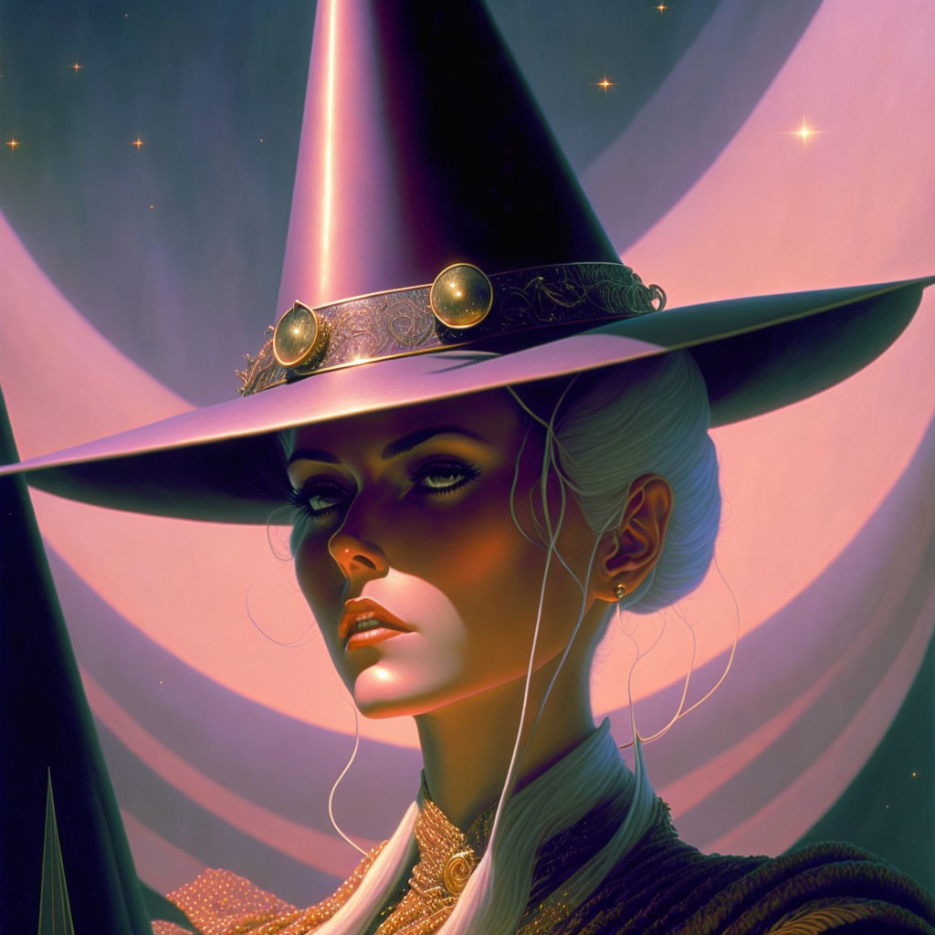 Illustration of woman with platinum blond hair in large-brimmed hat under starlit purple sky