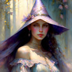 Portrait of woman with striking eyes in purple hat and elegant attire