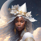 Ethereal woman in wide-brimmed hat with gold and white flowers, golden earrings, surrounded
