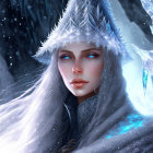 Woman with Blue Eyes, Snowy Hat, and Winter Scene