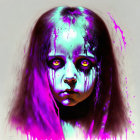 Digital portrait of girl with purple eyes and dripping liquid on plain background