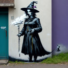 Colorful street art features witch with flowery hat, key, bird, and blue door.