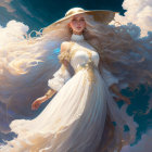 Ethereal woman in white gown with gold accents among clouds and birds