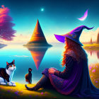 Fantasy artwork: Woman in purple cloak by lake with two cats