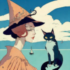 Stylized woman with cat hat, black and white cat, and tiny cat against sky-blue background