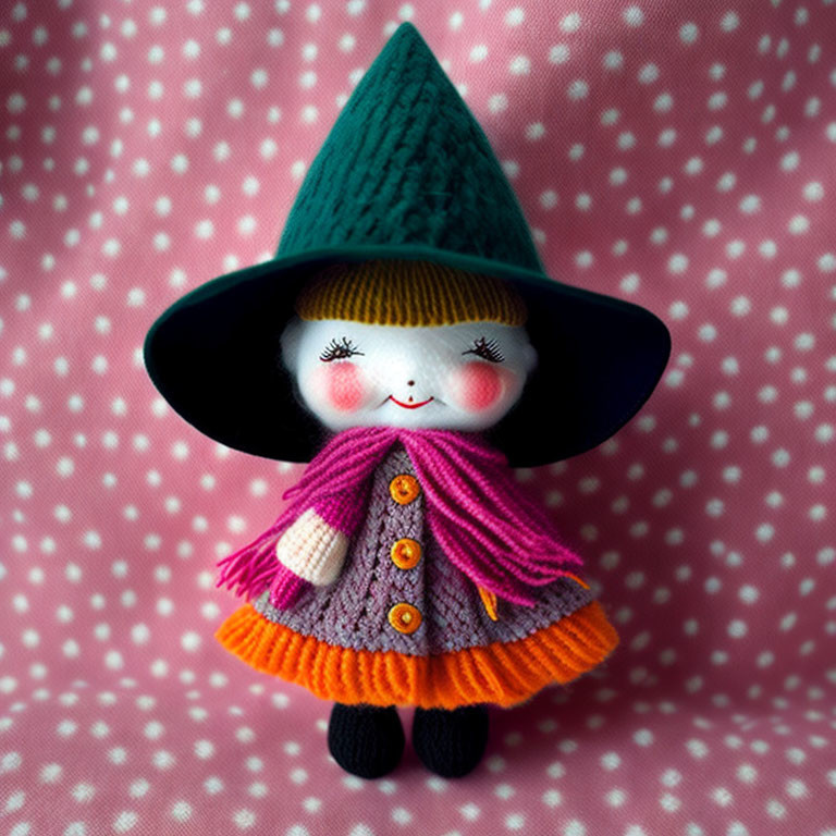 Handmade witch doll in green hat, purple cloak, orange dress on polka-dot background