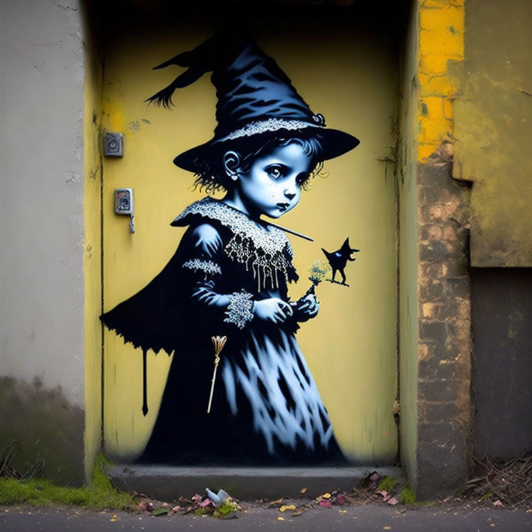 Witch-themed young girl mural on yellow wall