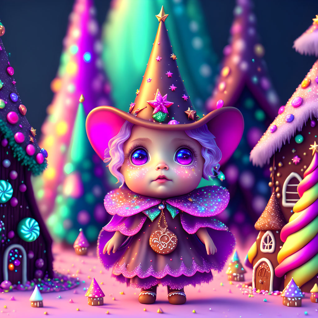 Colorful whimsical character in sparkly cape and pointy hat in fantastical land