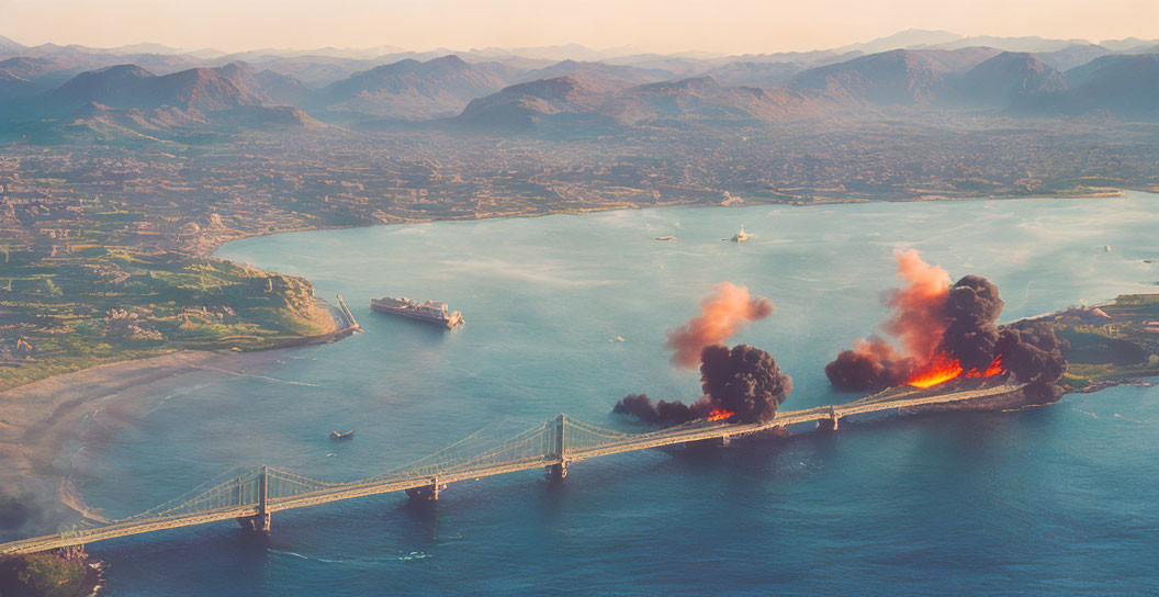 Aerial view of coastal city with burning bridge and ship.