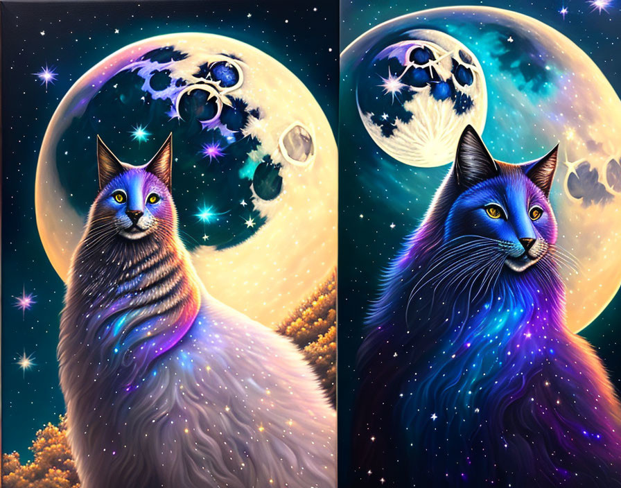 Majestic cosmic cats in galactic setting with moons