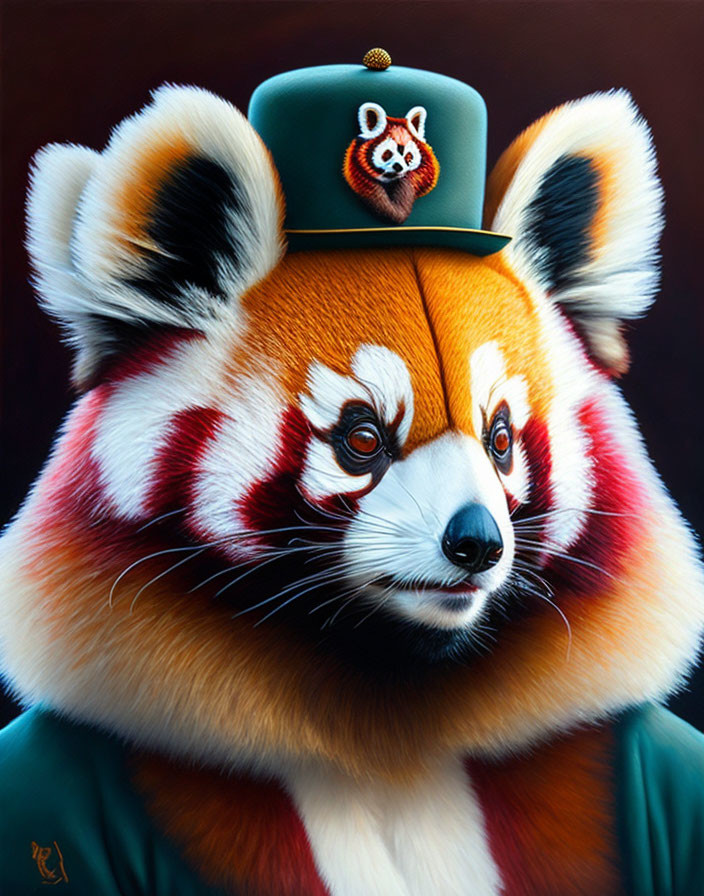Colorful painting of red panda in military-style green hat with panda face emblem.