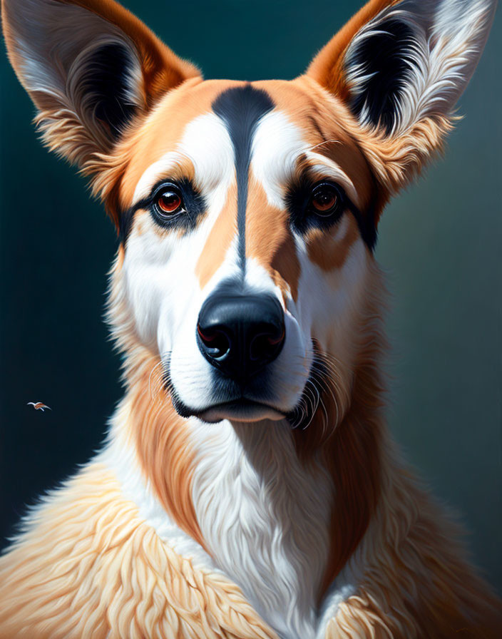 Realistic painting of a brown and white dog with wise expression on teal background