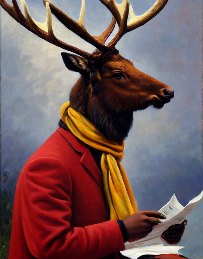 Anthropomorphic elk in red jacket and yellow scarf reading newspaper in nature.